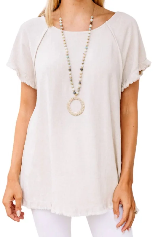 Linen Blend Short Sleeve Ruffle Top In Off White